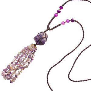 Purple amethyst stone bead tassel necklace with stone chips mixed w/ gold beads